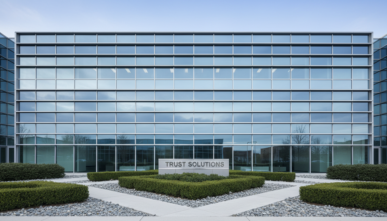 A sleek, modern glass office building facade reflecting a soft blue sky, the architecture defined by clean lines and minimalist steel accents. The foreground features structured landscaping with geometric hedges and subtle stone pathways, emphasizing an organized corporate environment. Gentle diffused daylight bathes the scene, creating even illumination and soft highlights on transparent surfaces. The mood is sophisticated, calm, and professional, suggesting stability and trust. Captured from an eye-level perspective with balanced composition and a slight wide angle to accentuate the building’s symmetry. The photographic realism and neutral color palette align with a contemporary HR management firm’s visual identity, highlighting professionalism and corporate confidence.