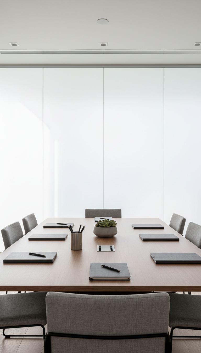 A polished, open-plan meeting room with an elongated matte wood conference table, accented by understated neutral upholstery chairs. On the table sits a neat arrangement of closed notebooks, a silver pen holder, and a single potted plant, representing structured HR advisory workspaces. Large frosted glass panels form the backdrop, diffusing natural daylight evenly across the scene and creating gentle, soft-edged shadows beneath the furniture. The mood is welcoming and methodical, underscoring professional organization. Photographed from a slightly elevated angle with sharp focus throughout, the clean and modern composition supports a professional HR consultancy.